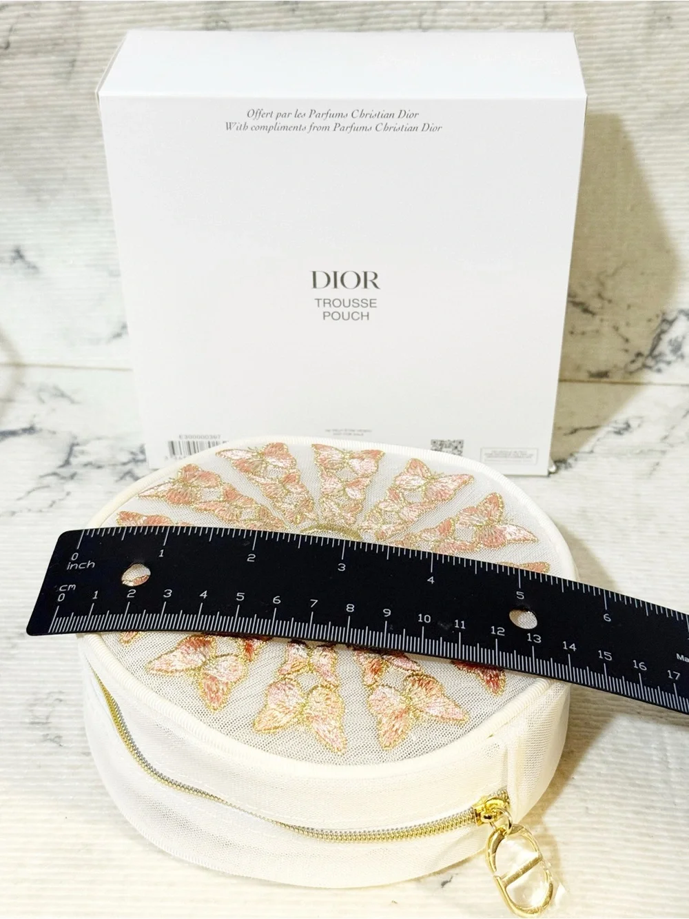 Dior Beauty Pink and Gold Butterfly Embroidered Round Pouch w/ Matching Gift Bag